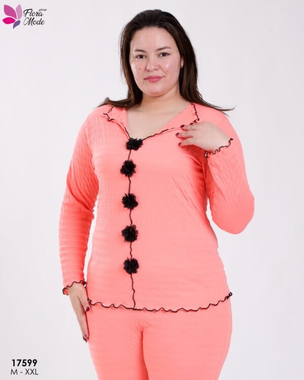 Flora Mode Pyjama gaufré boutonné fleurs – Réf 17599 – Corail