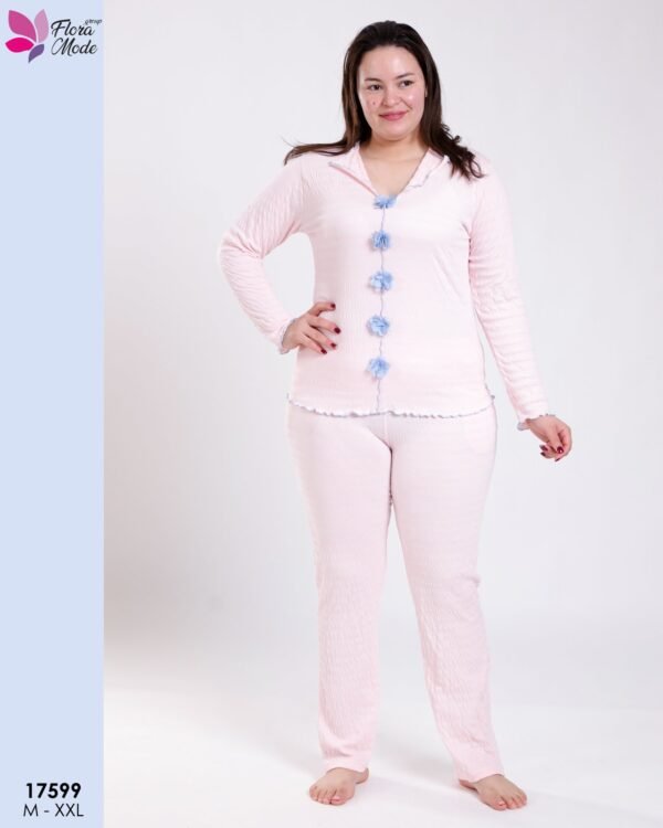Flora Mode Pyjama gaufré boutonné fleurs – Réf 17599 – Rose pâle