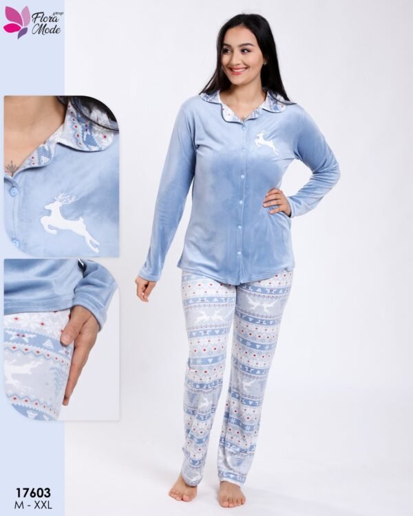 Flora Mode Pyjama velours chemise renne – Réf 17603 – Bleu ciel