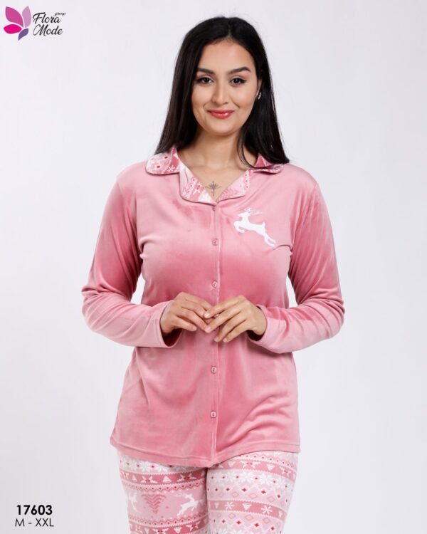 Flora Mode Pyjama velours chemise renne – Réf 17603 – Vieux rose
