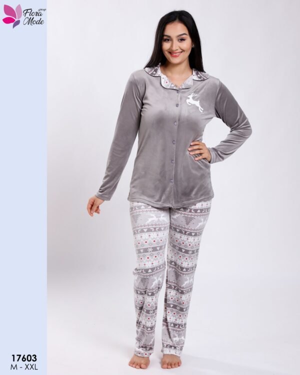 Flora Mode Pyjama velours chemise renne – Réf 17603 – Gris