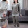 Flora Mode Pyjama velours boutonné dentelle – Réf 17604 – Vert kaki