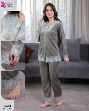 Flora Mode Pyjama velours boutonné dentelle – Réf 17604 – Vert kaki