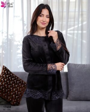 Flora Mode Pyjama velours boutonné dentelle – Réf 17604 – Noir