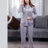 Flora Mode Pyjama velours boutonné dentelle – Réf 17604 – Gris