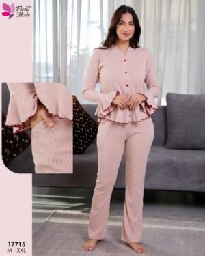 Flora Mode Pyjama côtelé chemise à volants – Réf 17715 – Rose pâle