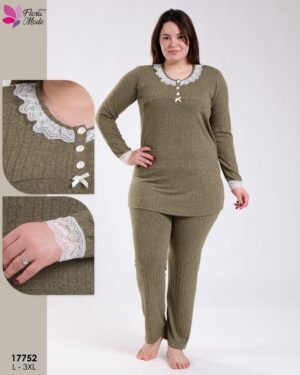 Flora Mode Pyjama tunique côtelé dentelle – Réf 17752 – Vert kaki