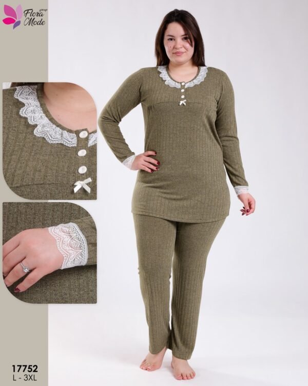 Flora Mode Pyjama tunique côtelé dentelle – Réf 17752 – Vert kaki