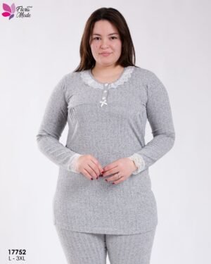 Flora Mode Pyjama tunique côtelé dentelle – Réf 17752 – Gris
