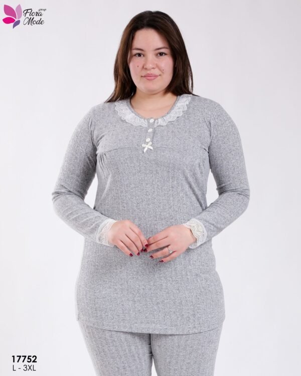 Flora Mode Pyjama tunique côtelé dentelle – Réf 17752 – Gris