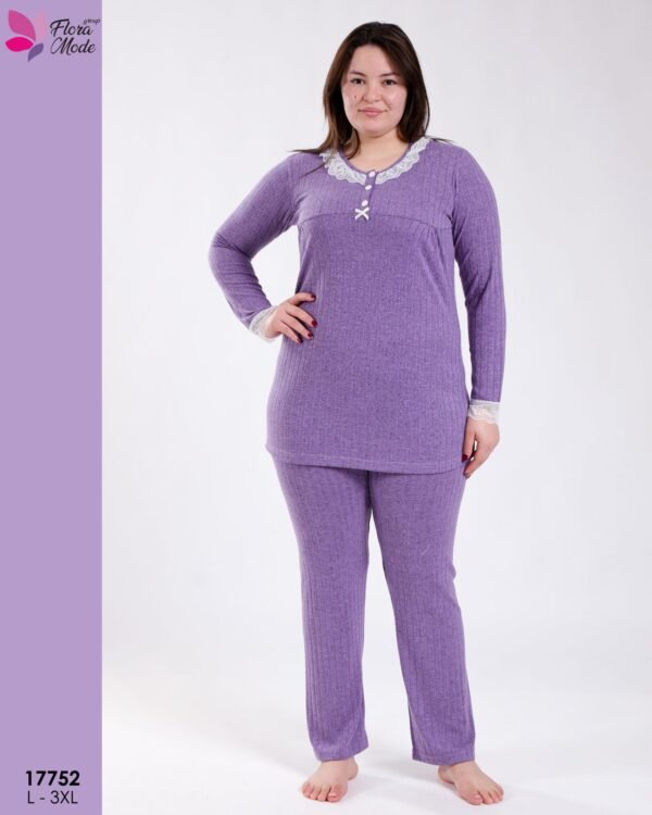 Flora Mode Pyjama tunique côtelé dentelle – Réf 17752 – Violet