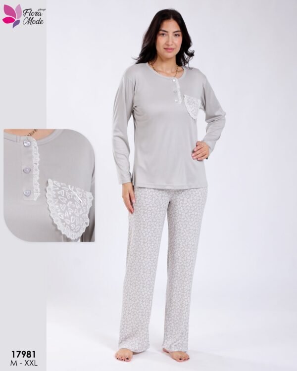 Flora Mode Pyjama poche dentelle pantalon cœurs – Réf 17981 – Gris