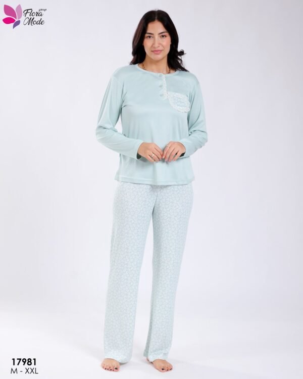 Flora Mode Pyjama poche dentelle pantalon cœurs – Réf 17981 – Vert d'eau