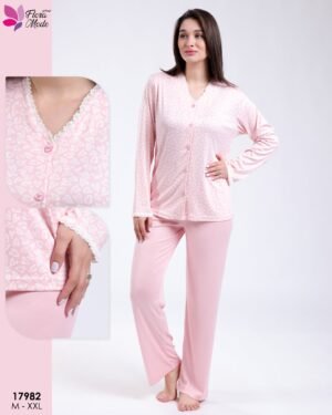 Flora Mode Pyjama boutonné imprimé cœurs – Réf 17982 – Rose