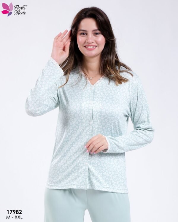 Flora Mode Pyjama boutonné imprimé cœurs – Réf 17982 – Vert d'eau