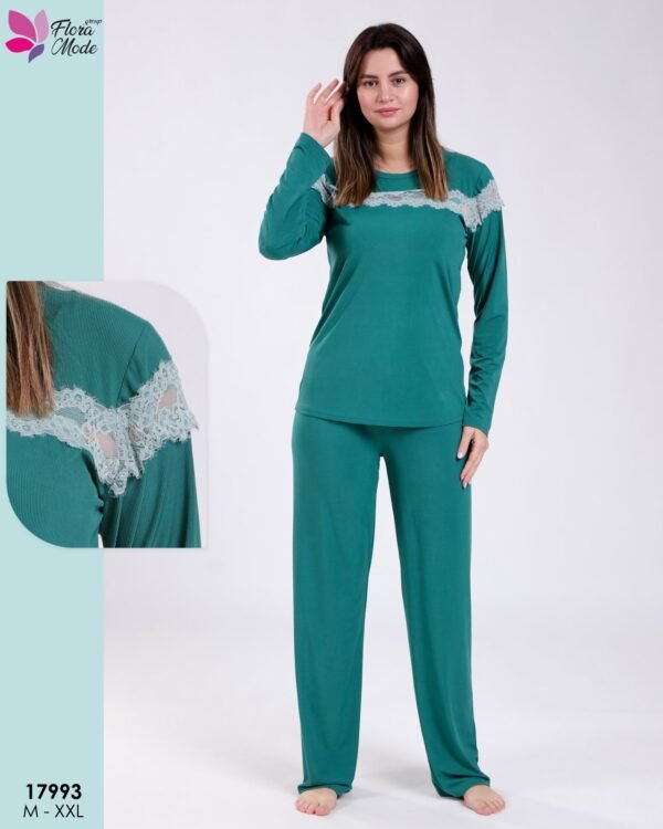 Flora Mode Pyjama col rond dentelle – Réf 17993 – Vert émeraude