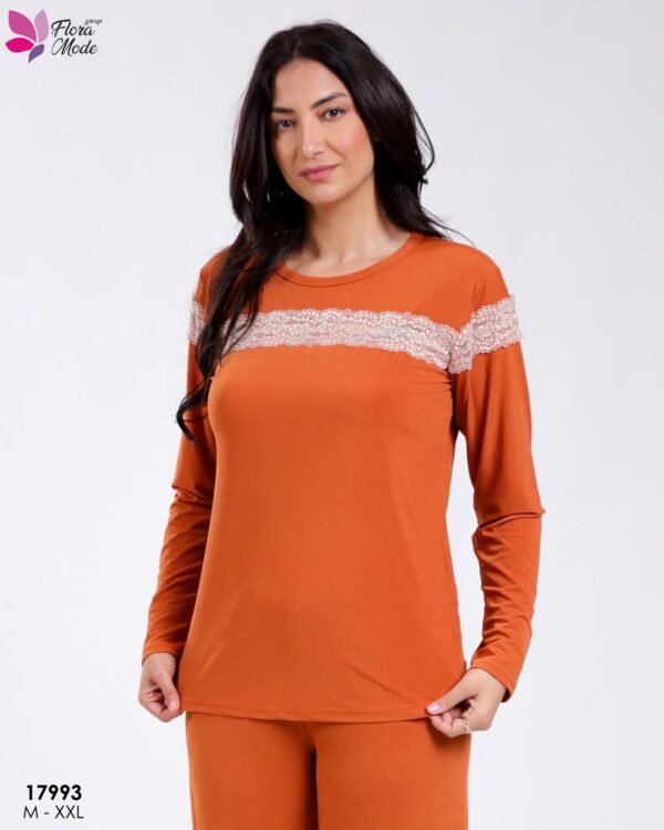 Flora Mode Pyjama col rond dentelle – Réf 17993 – Rouille