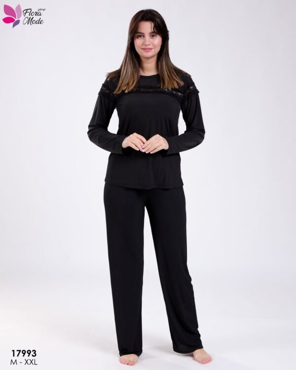 Flora Mode Pyjama col rond dentelle – Réf 17993 – Noir