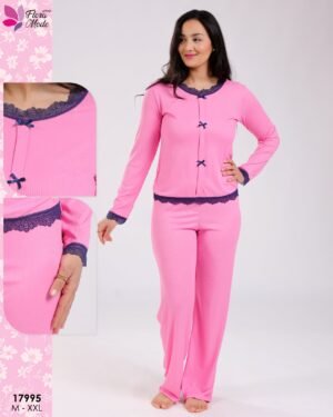 Flora Mode Pyjama côtelé dentelle nœuds – Réf 17995 – Rose vif