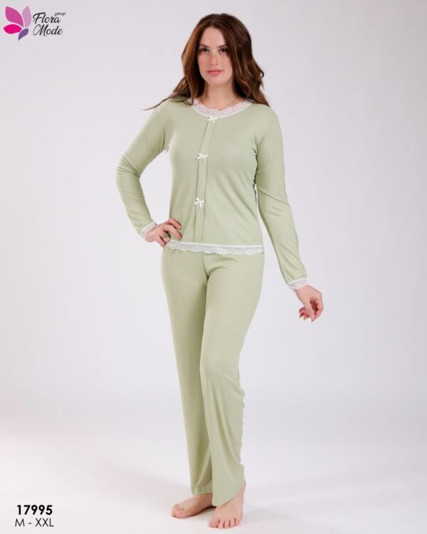 Flora Mode Pyjama côtelé dentelle nœuds – Réf 17995 – Vert sauge