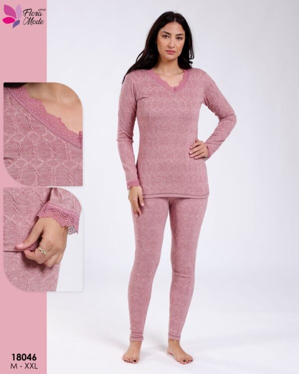 Flora Mode Ensemble thermique torsadé dentelle – Réf 18046 – Vieux rose