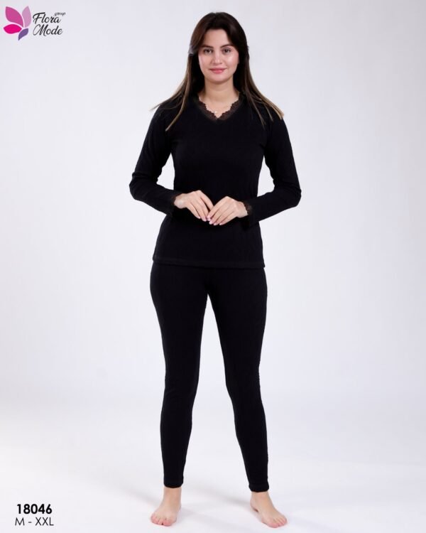 Flora Mode Ensemble thermique torsadé dentelle – Réf 18046 – Noir