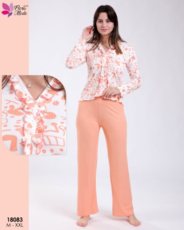 Flora Mode Pyjama haut imprimé à volants – Réf 18083 – Pêche Flora Mode Pyjama haut imprimé à volants – Réf 18083 – Pêche
