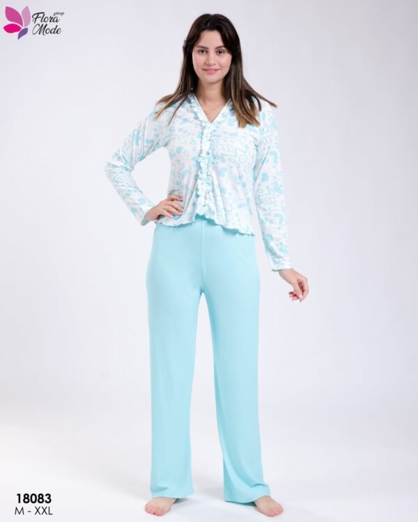 Flora Mode Pyjama haut imprimé à volants – Réf 18083 – Turquoise Flora Mode Pyjama haut imprimé à volants – Réf 18083 – Turquoise