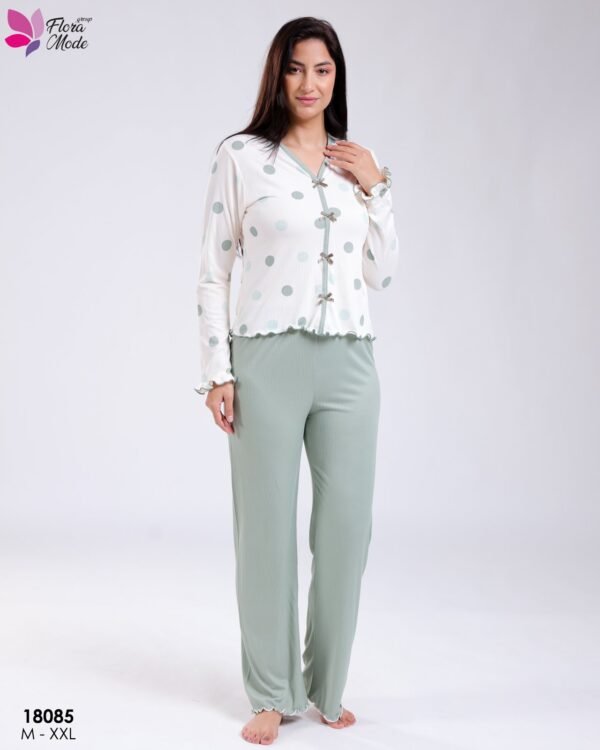 Flora Mode Pyjama haut à pois nœuds – Réf 18085 – Vert sauge