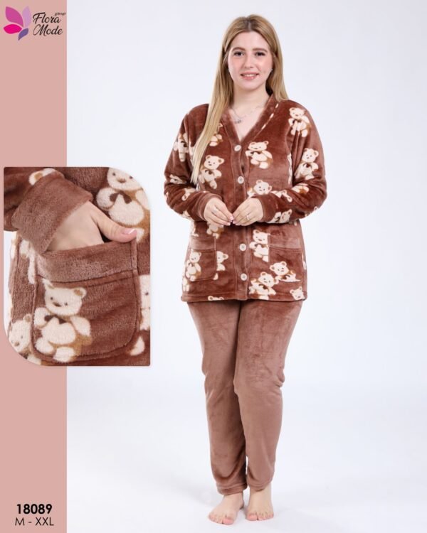 Flora Mode Pyjama polaire boutonné oursons – Réf 18089 – Marron