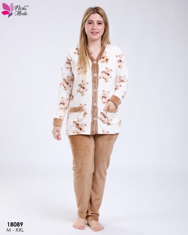 Flora Mode Pyjama polaire boutonné oursons – Réf 18089 – Écru et camel
