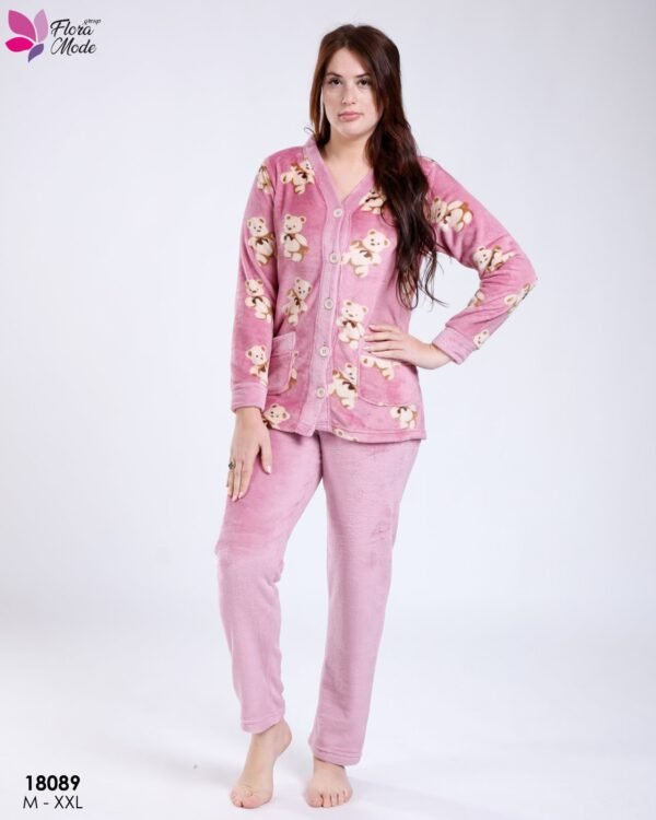 Flora Mode Pyjama polaire boutonné oursons – Réf 18089 – Vieux rose