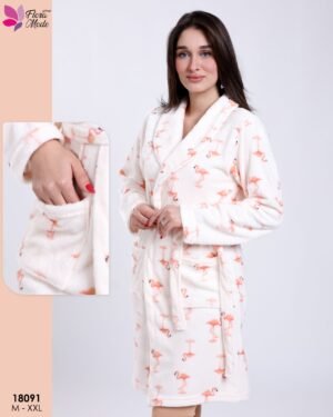 Flora Mode Robe de chambre polaire flamants – Réf 18091 – Écru et corail