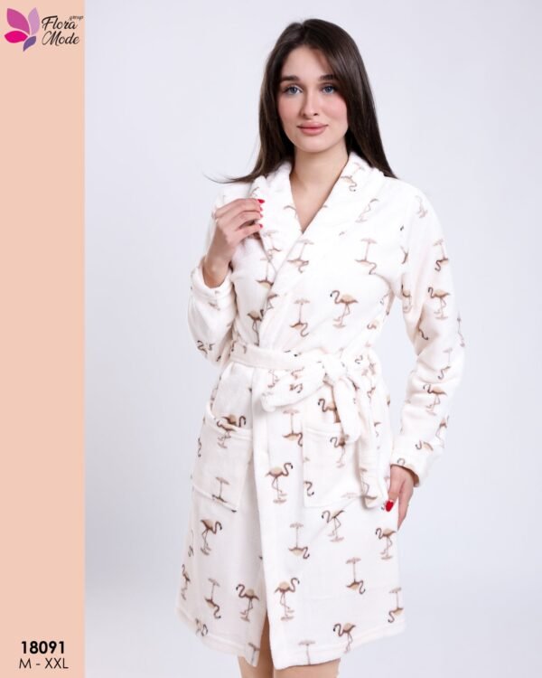 Flora Mode Robe de chambre polaire flamants – Réf 18091 – Écru et marron