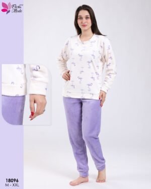 Flora Mode Pyjama polaire imprimé flamants – Réf 18096 – Écru et lilas