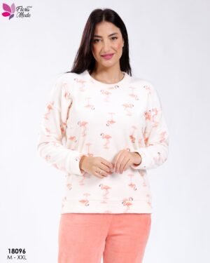 Flora Mode Pyjama polaire imprimé flamants – Réf 18096 – Écru et corail