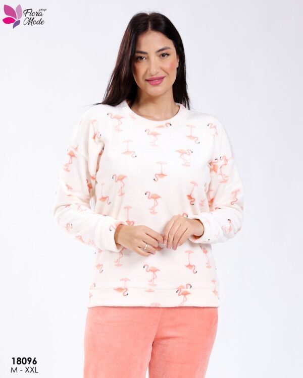 Flora Mode Pyjama polaire imprimé flamants – Réf 18096 – Écru et corail