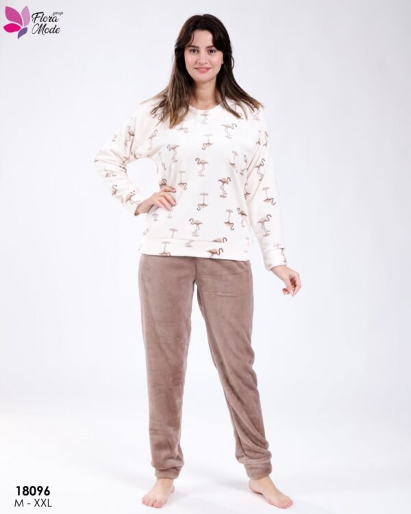 Flora Mode Pyjama polaire imprimé flamants – Réf 18096 – Écru et taupe