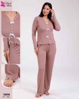 Flora Mode Pyjama côtelé nœuds – Réf 18098 – Vieux rose