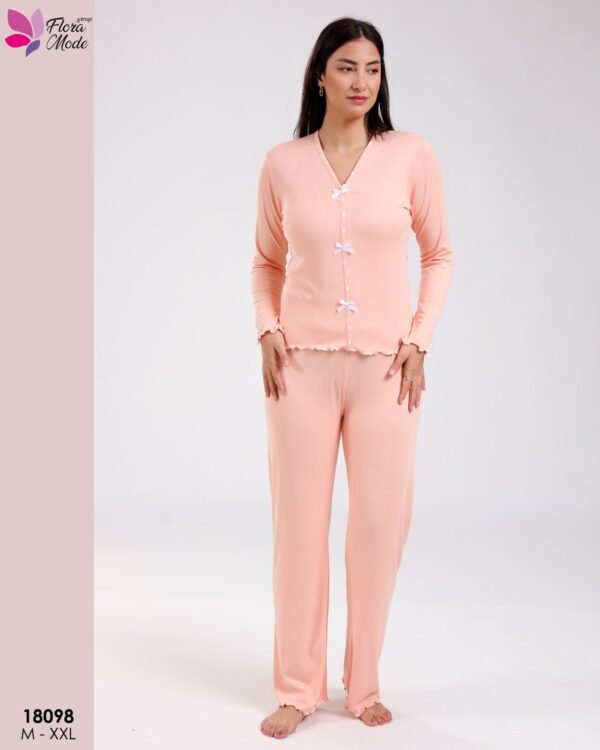 Flora Mode Pyjama côtelé nœuds – Réf 18098 – Pêche
