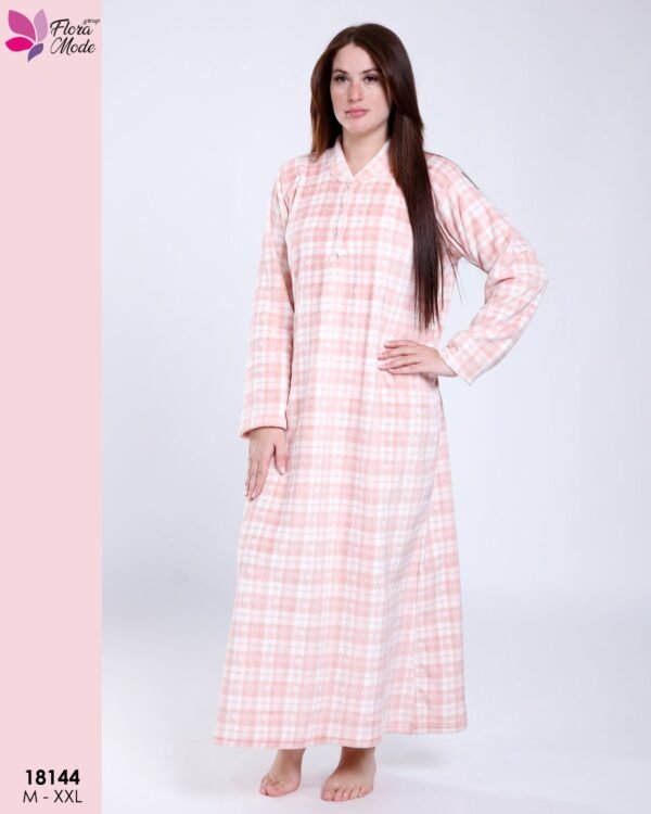 Flora Mode Chemise de nuit longue polaire à carreaux – Réf 18144 – Rose
