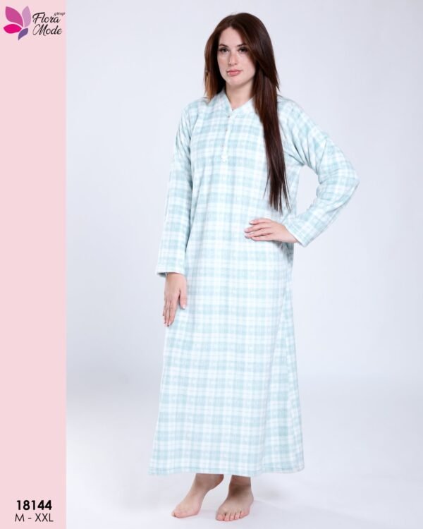 Flora Mode Chemise de nuit longue polaire à carreaux – Réf 18144 – Bleu ciel