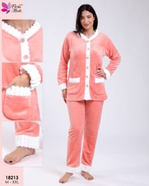Flora Mode Pyjama polaire boutonné – Réf 18213 – Corail Flora Mode Pyjama polaire boutonné – Réf 18213 – Corail