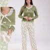 Flora Mode Pyjama nœuds pantalon imprimé plumes – Réf 18214 – Vert olive