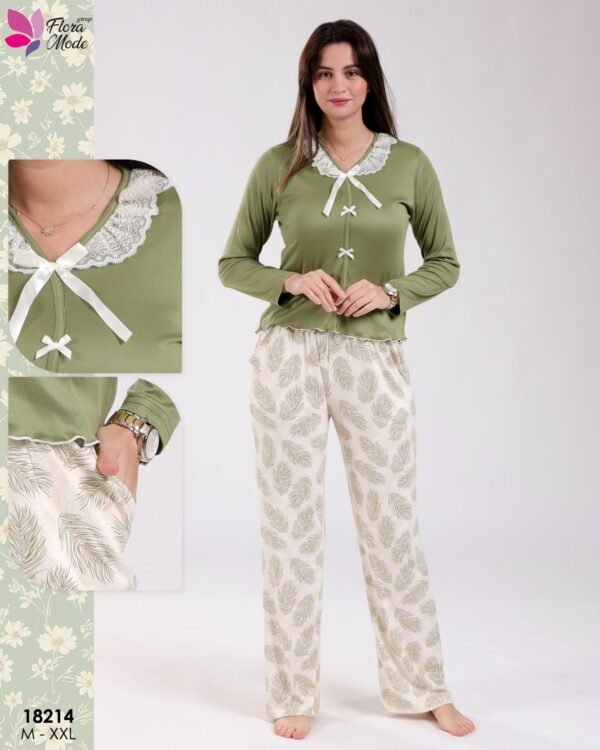 Flora Mode Pyjama nœuds pantalon imprimé plumes – Réf 18214 – Vert olive