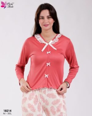Flora Mode Pyjama nœuds pantalon imprimé plumes – Réf 18214 – Corail