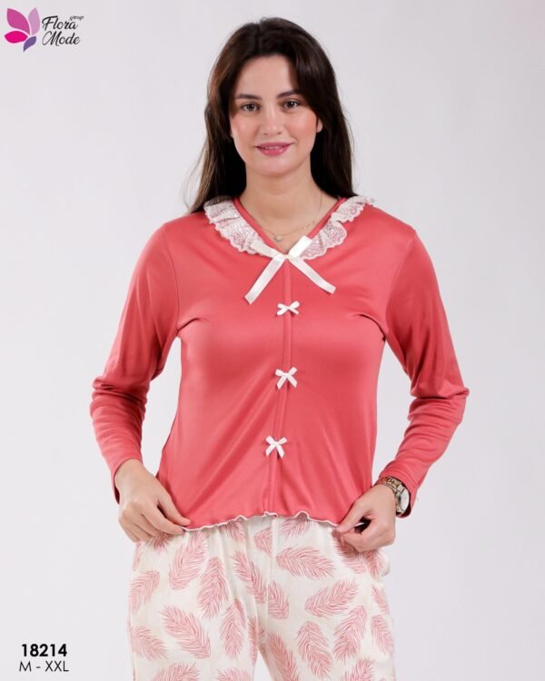 Flora Mode Pyjama nœuds pantalon imprimé plumes – Réf 18214 – Corail