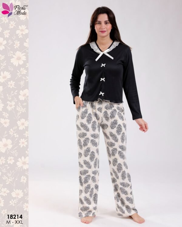 Flora Mode Pyjama nœuds pantalon imprimé plumes – Réf 18214 – Noir