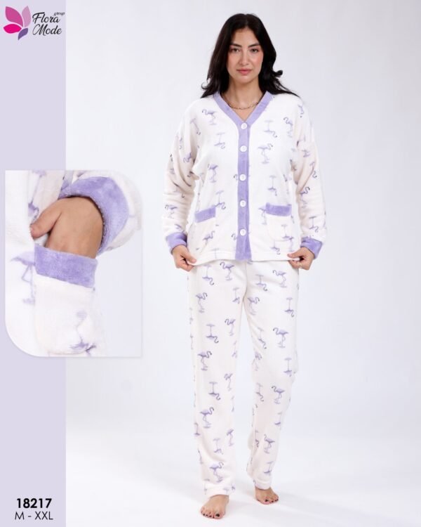 Flora Mode Pyjama polaire boutonné flamants – Réf 18217 – Écru et lilas