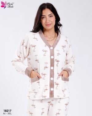 Flora Mode Pyjama polaire boutonné flamants – Réf 18217 – Écru et taupe